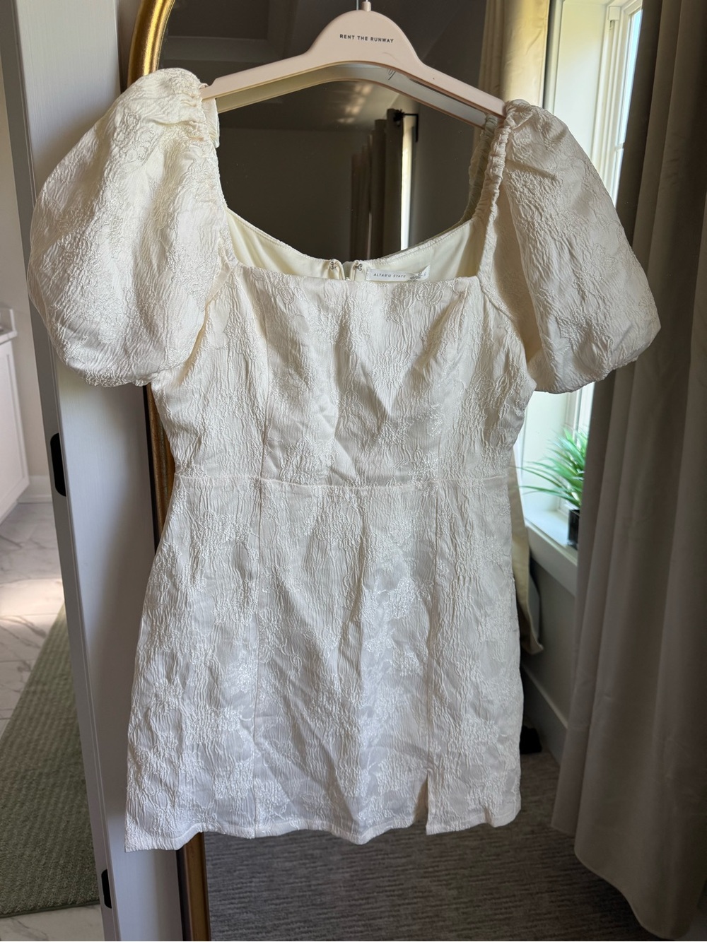 Altar'd State Ivory Floral Jacquard Puff-Sleeve Mini Dress